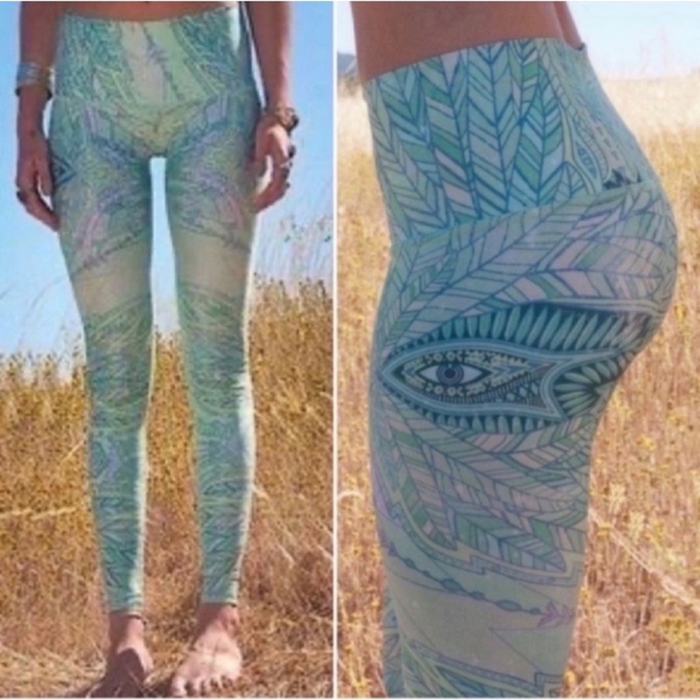 Teeki Leafy Blue and Green Leggings S - Picture 1 of 6